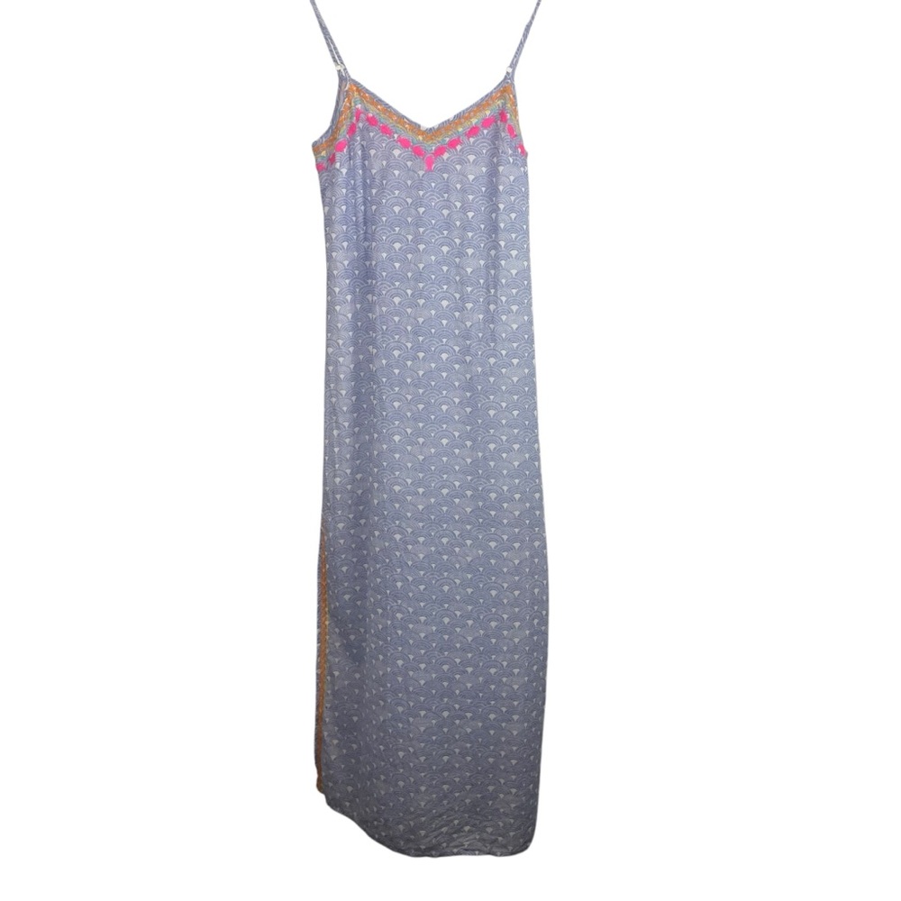 Tori Richard | Blue White Shell Print Pink Embroidered Tank Maxi Dress